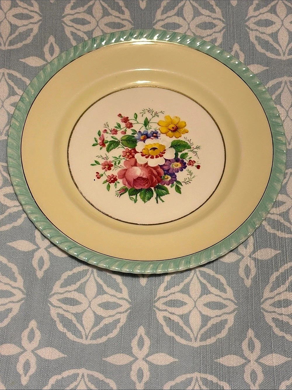 Vintage Johnson Bros Old English Yeovil Floral Plate Aqua Rim 8” England